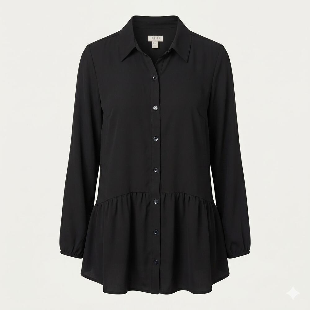 LOGO by Lori Goldstein Women L Minimalist Modest Goth Staple Button Front Blouse